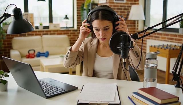 Middle eastern woman recording podcast at home studio with laptop and mic