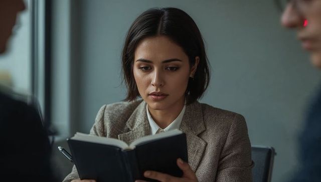 Focused businesswoman reading notebook in boardroom meeting wearing tweed blazer