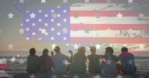 Patriotic Friends Enjoying Beach Sunset with USA Flag Overlay