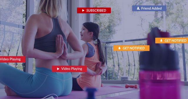 Mother and Daughter Doing Yoga with Notifications Overlay - Download Free Stock Images Pikwizard.com