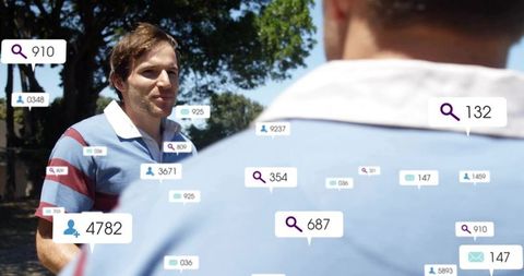 Teammate gesturing while sparking social engagement badges overlaying outdoor conversation