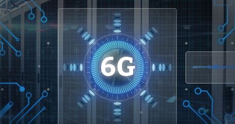 Depiction of emerging 6G technology integrated with digital networks. Featured are computer servers emphasizing futuristic telecommunications advancements and interconnected global data systems. Ideal for use in technology news, educational content on future innovations, and modern network demonstrations.