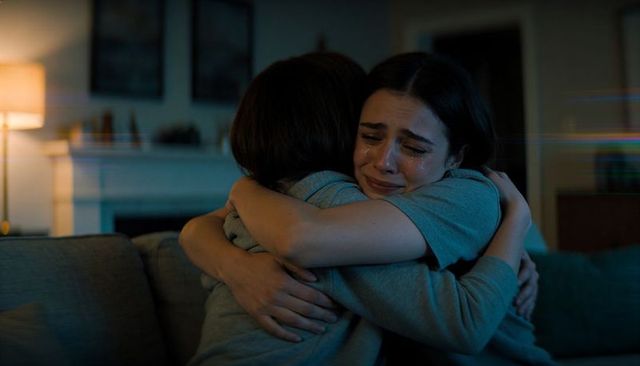 Two women embracing on sofa at night crying and comforting each other in cozy living room