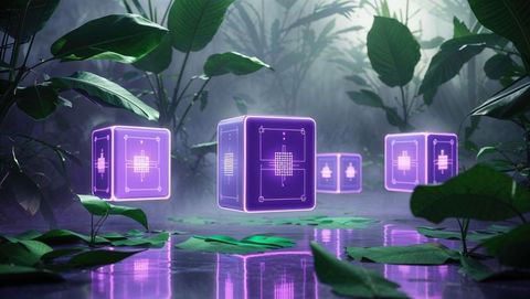 Fusion of technology and nature: glowing cube in tropical mist