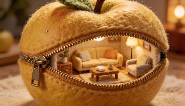 Zippered felt apple revealing miniature cozy living room diorama with warm lighting
