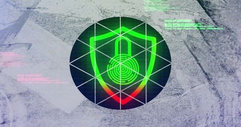 Glowing cyber security shield with padlock, fingerprint scan rings and neon code overlay