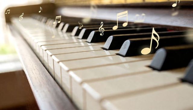 Sunlit acoustic piano keyboard with floating golden music notes evoking warm melody