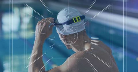 Male swimmer adjusting swim goggles with tech overlay by pool