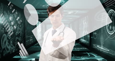 Futuristic Healthcare Data Interface with Doctor in Lab Coat