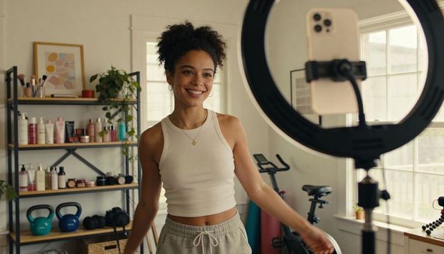 Filming fitness content in bright home studio with ring light and smartphone