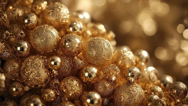 Glittering gold christmas baubles reflecting warm light with intricate filigree caps