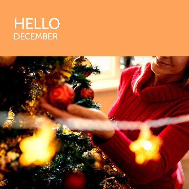 Composition of hello december text over caucasian woman with christmas tree - Download Free Stock Videos Pikwizard.com