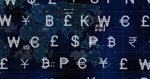 Global Currency Network over World Map on Blue Digital Background