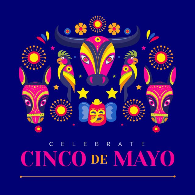 Illustration of celebrate cinco de mayo text, colorful flowers and animal doodles on blue background. Copy space, vector, victory, anniversary, mexican culture, holiday and celebration concept.