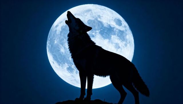 Howling wolf silhouette against full moon, dramatic moonlit wilderness solitude