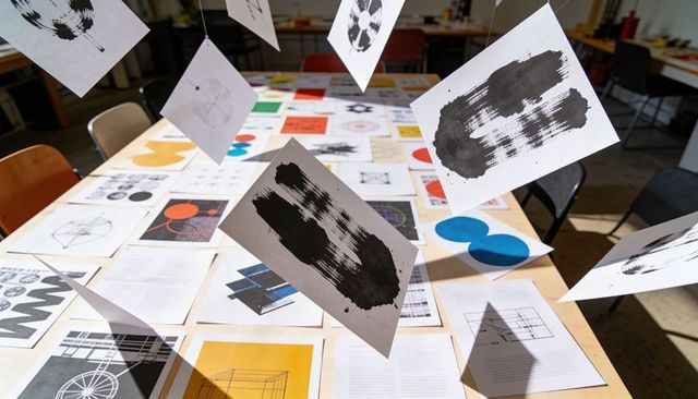 Rotating Suspended Prints Showing Black Brushstroke Studies Over Graphic Design Table