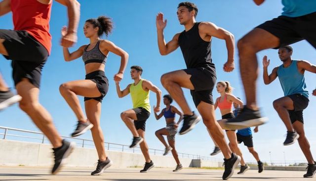 Group performing high-knee cardio drills on sunny urban promenade for bootcamp training