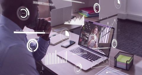 Business leader in remote video conference with interactive data overlays and analytics