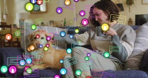 Home Relaxation with Golden Retriever and Digital Connections