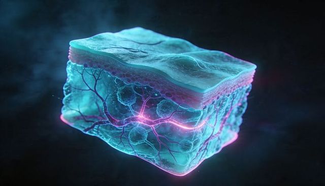 Neon translucent tissue slice with luminescent cellular layers and neural network