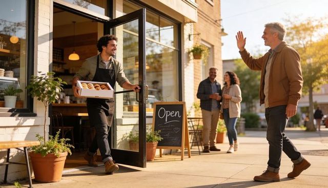 Friendly baker carrying fresh pastries through open bakery door while greeting community