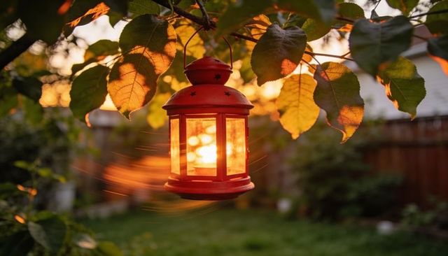 Glowing red lantern hanging in backlit backyard garden at golden hour with warm bokeh