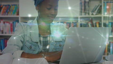 Young Woman Engaging in Online Learning with Digital Network Overlay