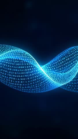 Glowing Binary Ribbon Twisting and Flowing Through Dark Space Vertical Data Stream Video
