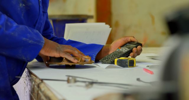 Person in blue coverall using a calculator and a wooden tool while examining a blueprint on a workbench. Perfect for themes related to engineering, mechanical work, precision, calculations, and technical professions. Useful for illustrating skilled occupations and the importance of accuracy and planning in professional settings.