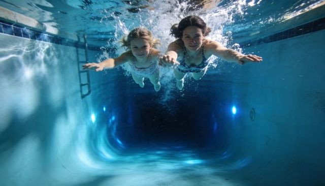 Adult and child swimming underwater toward camera in blue pool with bubbles and ladder