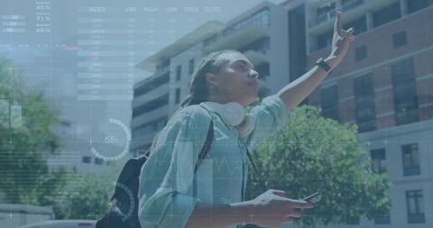 Financial Data Overlay with Person Using Smartphone Outdoors - Download Free Stock Images Pikwizard.com