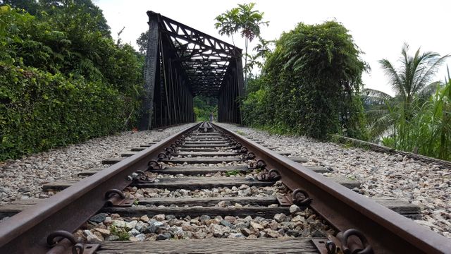 Old railroad tracks creating strong perspective leading to an old steel bridge surrounded by lush green vegetation. Suitable for use in travel blogs, adventure advertisements, environmental awareness campaigns, historical articles, and transportation themes.
