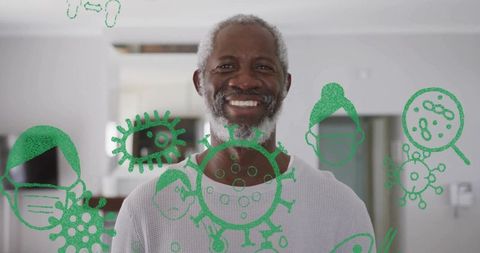 Senior man embracing wellness with virtual virus protection interface