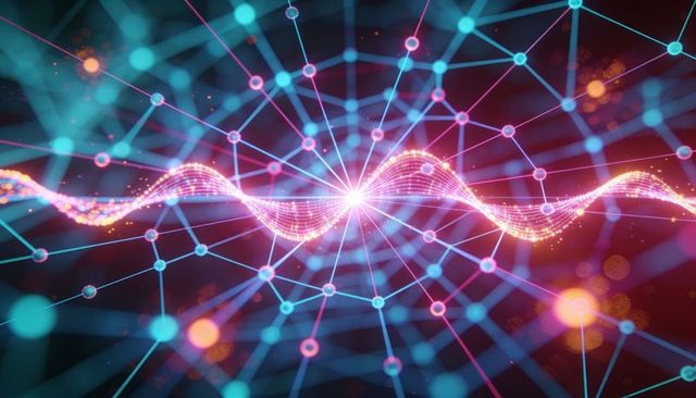 Pulsing neon data wave crossing glowing neural network lattice with radiant central node