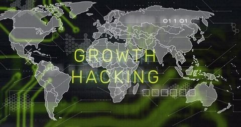 Global Growth Hacking Dashboard Showing Neon Yellow GROWTH HACKING Over Futuristic Map