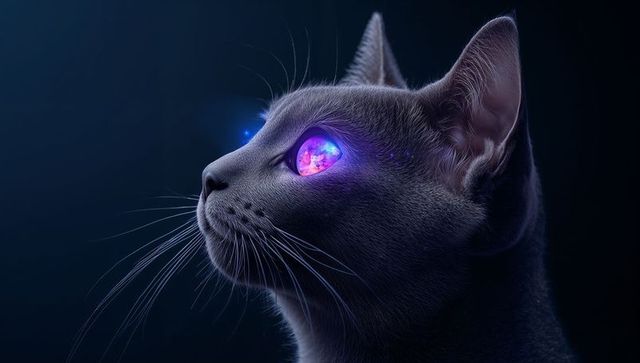 Gray cat with cosmic glowing eye in mystical illumination