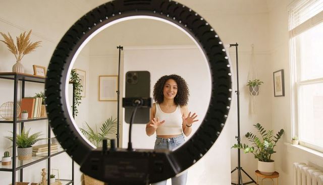 Female content creator filming with ring light in cozy home studio for social media vlogging and bra