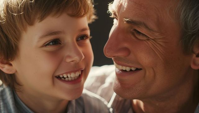 Sunlit father and son sharing warm close-up smile, intimate family connection at home