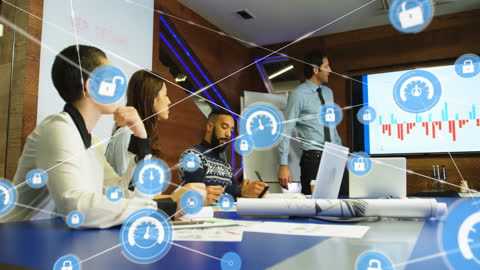 Diverse Team Discussing Cybersecurity Strategy in Digital Office