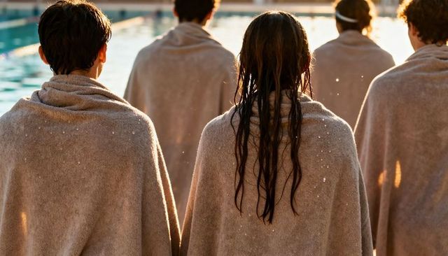 Five swimmers standing wrapped in towels by sunlit outdoor pool at golden hour