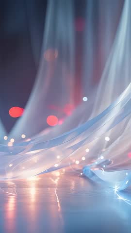 Vertical video of gossamer drape drifting over reflective floor with warm bokeh lights