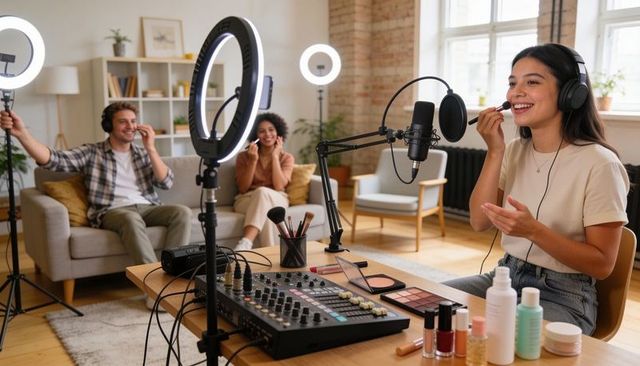 Makeup creator livestreaming beauty tutorial with ring lights and mic in home studio