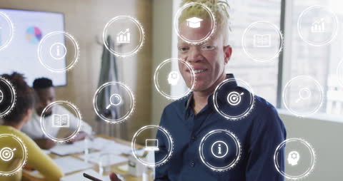 Albino African American Businessman Interacting with Digital Interface in Office