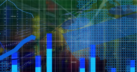 Digital Financial Data and Graph Animation Overlay on World Map
