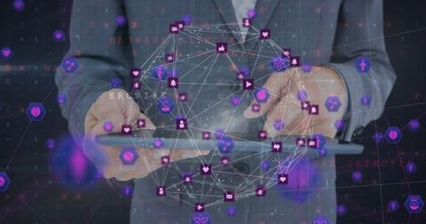 Businessman Using Tablet with Digital Icons and Global Connections