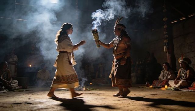 Ritual leader conducting smudging ceremony in longhouse with communal participants