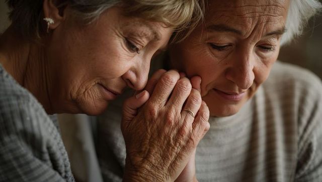 Senior women holding hands, sharing comfort and emotional support in tender moment