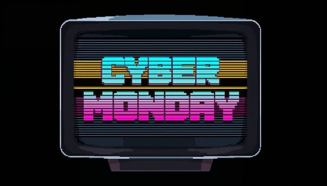 Retro pixel crt displaying cyber monday neon text in synthwave 80s cyberpunk style
