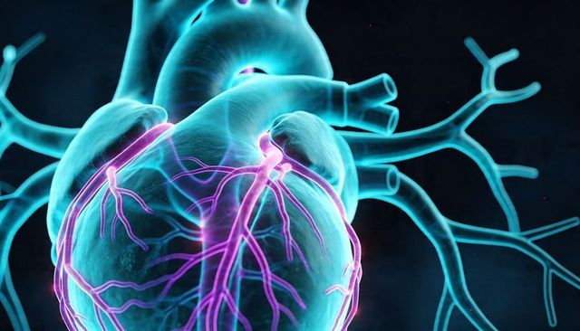 Transparent myocardium revealing neon coronary arteries in 3D cardiac render, medical visuals