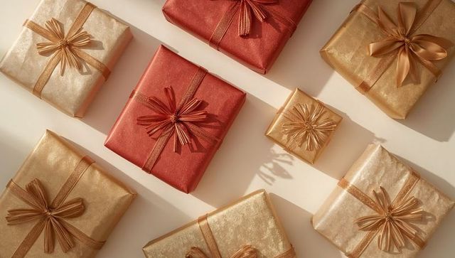 Shimmering gold and red holiday gift boxes flatlay with metallic ribbons and elegant bows